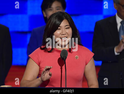 Philadelphia, Pennsylvania, USA. 27th July, 2016. United States Representative Grace Meng (Democrat of New York) makes remarks during the third session of the 2016 Democratic National Convention at the Wells Fargo Center in Philadelphia, Pennsylvania on Wednesday, July 27, 2016.Credit: Ron Sachs/CNP. Credit:  Ron Sachs/CNP/ZUMA Wire/Alamy Live News Stock Photo