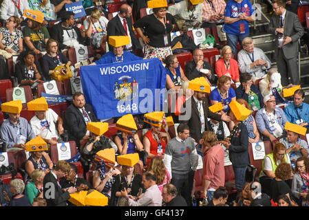 Philadelphia, Pennsylvania, USA. 28th July, 2016. Wisconsin delegates adorn cheese hats on the convention floor Credit:  Don Mennig/Alamy Live News Stock Photo