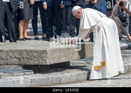 Auschwitz, Poland. 29th July, 2016. Pope Francis lights a candle at the International Monument to the Victims of Fascism at the former Nazi extermination camp Auschwitz-Birkenau in Oswiecim, Poland on Friday 29 July 2016. He is spending a Day Of Silence here, taking part in the World Youth Day (WYD) held in Poland. Photo: Armin Weigel/dpa Credit:  dpa picture alliance/Alamy Live News Stock Photo