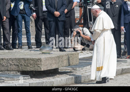 Auschwitz, Poland. 29th July, 2016. Pope Francis stands in front of a candle at the International Monument to the Victims of Fascism at the former Nazi extermination camp Auschwitz-Birkenau in Oswiecim, Poland on Friday 29 July 2016. He is spending a «Day Of Silence» here, taking part in the World Youth Day (WYD) held in Poland. Photo: Armin Weigel/dpa Credit:  dpa picture alliance/Alamy Live News Stock Photo