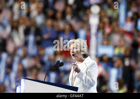 Philadelphia, USA. 28th July, 2016. U.S. Democratic Presidential Candidate Hillary Clinton addresses on the last day of the 2016 U.S. Democratic National Convention at Wells Fargo Center, Philadelphia, Pennsylvania, the United States on July 28, 2016. Former U.S. Secretary of State Hillary Clinton on Thursday formally accepted the Democratic Party's nomination for president and pledged more economic opportunities for Americans and 'steady leadership.' Credit:  Xinhua/Alamy Live News Stock Photo