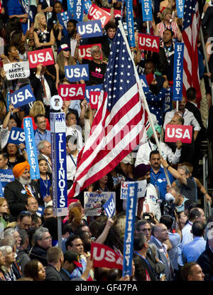Philadelphia, Pennsylvania, USA. 28th July, 2016. Flags and signs during the fourth session of the 2016 Democratic National Convention at the Wells Fargo Center in Philadelphia, Pennsylvania on Thursday, July 28, 2016.Credit: Ron Sachs/CNP. © Ron Sachs/CNP/ZUMA Wire/Alamy Live News Stock Photo