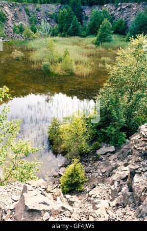 abandoned and flooded quarry, Czech Republic, teal and orange color tone. Beautiful landscape. Stock Photo