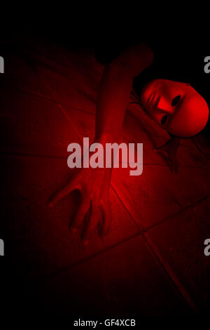 Mysterious woman wearing white mask crawling on the floor,Scary background for halloween Stock Photo