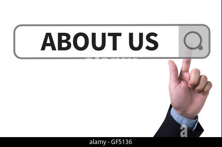 ABOUT US man pushing (touching) virtual web browser address bar or search bar Stock Photo