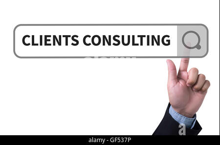 CLIENTS CONSULTING man pushing (touching) virtual web browser address bar or search bar Stock Photo