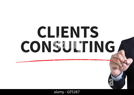 CLIENTS CONSULTING Businessman hand writing with black marker on white background Stock Photo
