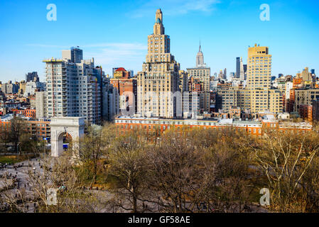 Washington Square Park and Greenwich Village Cityscape in New York City. Stock Photo