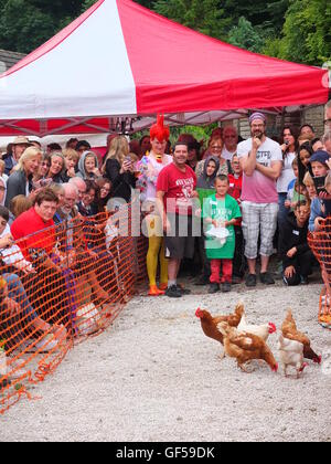 Competitors watch their chickens on the course at the Bonsall World Championship Hen Races Stock Photo