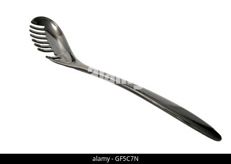 A shiny black plastic spaghetti serving spoon on a white background. Stock Photo