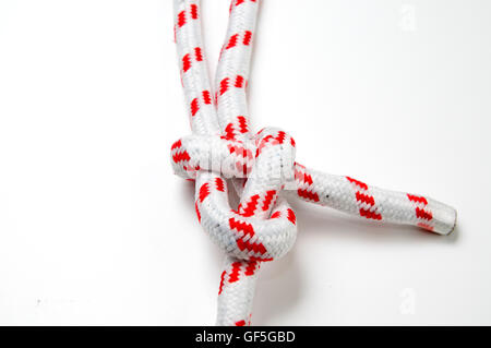 The Sheet Bend knot on white background for joining two ropes of unequal size Stock Photo