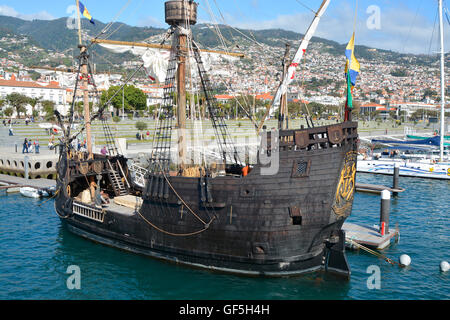 Replica of the Santa Maria sailing ship in the harbour at Funchal, Madeira, Portugal Stock Photo