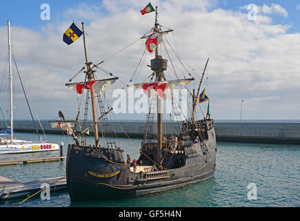 Replica of the Santa Maria sailing ship in the harbour at Funchal, Madeira, Portugal Stock Photo