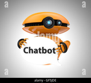 Orange robot holding chat bubble with 'Chatbot' text. 3D rendering image with clipping path. Stock Photo