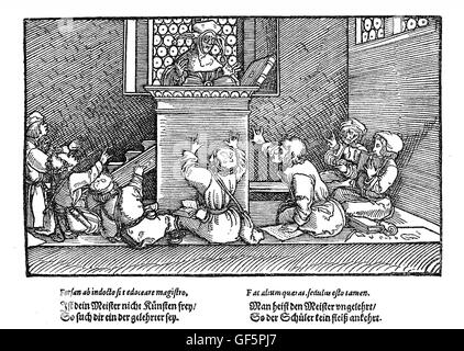 A classroom from XVI century. As the illustration is from 'Schimpf und Ernst' (''Amusing and serious stories', by Johannes Pauli,1455-1533?), there is still hope that it is a caricature rather than a realistic depiction of schooling in XVI century... Stock Photo