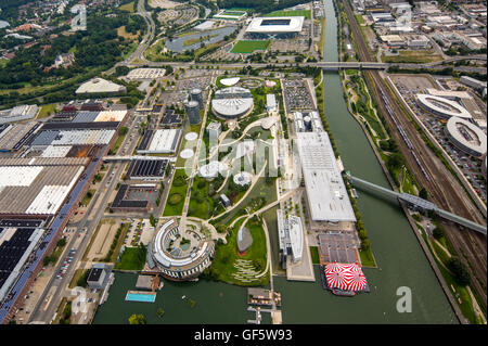 Aerial view, Volkswagen factory Wolfsburg Autostadt and Ritz Carlton Hotel, exhaust scandal of Volkswagen Group, Lower Saxony, Stock Photo