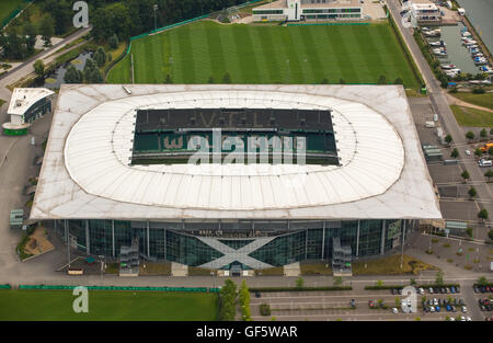 Aerial view, Volkswagen Arena of Wolfsburg, Bundesliga Football Club, Volkswagen factory in Wolfsburg, Lower Saxony, Germany, Stock Photo