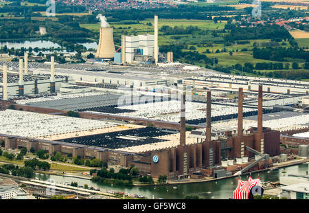 Aerial view, Volkswagen Wolfsburg plant with cogeneration VW South Street, exhaust scandal of Volkswagen Group, Lower Saxony, Stock Photo