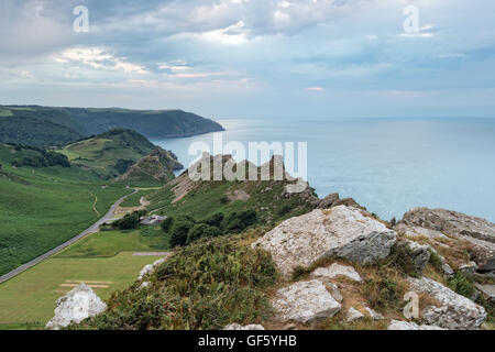 Dusk over the Valley of the Rocks at Lymouth on the north coast of Devon Stock Photo
