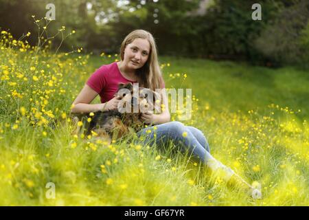 woman and mongrel Stock Photo