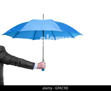 Opened red umbrella in hand, isolated on white. Stock Photo