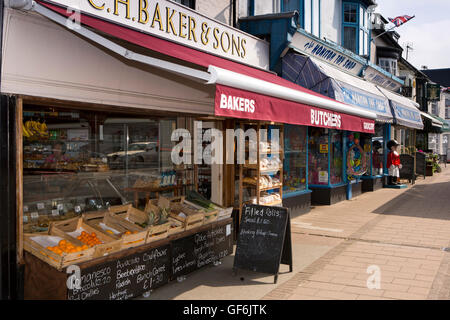 UK, England, Devon, Honiton, High Street, Baker’s Butchers and Honiton Toy Shop Stock Photo