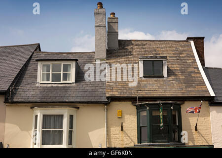 UK, England, Devon, Honiton, High Street, varying roof lines of small shops Stock Photo