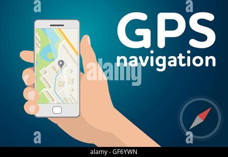 Hand holding smartphone with gps navigation map on screen. Mobile ...