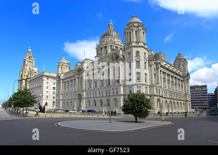 The Three Graces, Royal Liver, Cunard and Port of Liverpool Building, Pier Head, Liverpool, Merseyside, England, UK. Stock Photo