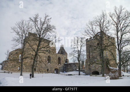 Winter view of Sigulda Medieval Castle ruins in the Gauja valley in Latvia Stock Photo