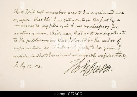 Thomas Jefferson, 1743 - 1826. 3rd President of the United States of America.  Hand writing sample. Stock Photo