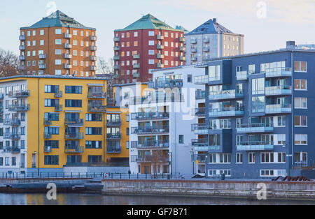 Apartment blocks in Hammarby Sjostad eco neighbourhood a pioneer in sustainable development Hammarby Lake Stockholm Sweden Scandinavia Stock Photo