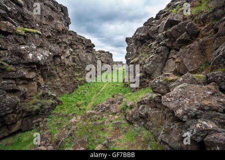 Thingvellir National Park, Iceland, fault in the landscape caused by continental drift between North American and Eurasian tecto Stock Photo