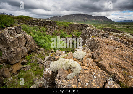 Thingvellir National Park, Iceland, fault in the landscape caused by continental drift between North American and Eurasian Stock Photo