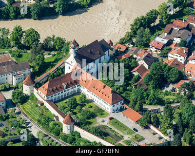 Franciscan monastery at river Lech, aerial view, Füssen, Fuessen, Bavaria, Germany Stock Photo