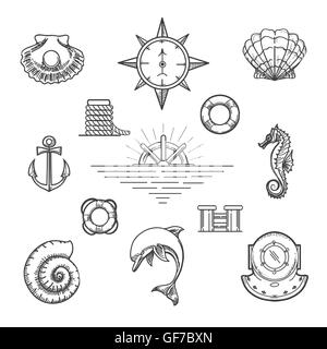 Set of doodle nautical decor elements in hipster style. Hand drawn dolphin seashells seahorse pearl helm etc. Stock Vector