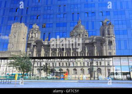 The Port of Liverpool Building reflected in the Premier View building, Liverpool, Merseyside, England, UK. Stock Photo