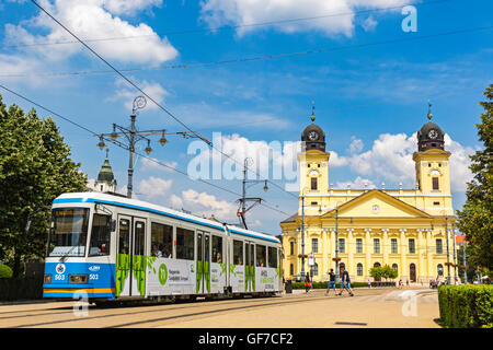 Kossuth square with Protestant Great Church (Hungarian: Reformatus Nagytemplom) on the background in Debrecen city, Hungary Stock Photo