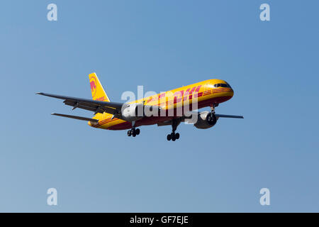 DHL Boeing 757-236(SF) [G-BMRJ] carrying special markings: Protecting Rhinos Eliska's Return to Africa (a black rhino born in Cz Stock Photo