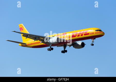 DHL Boeing 757-236(SF) [G-BMRJ] carrying special markings: Protecting Rhinos Eliska's Return to Africa (a black rhino born in Cz Stock Photo