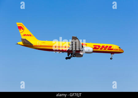 DHL Boeing 757-236(SF) [G-BMRJ] carrying special markings: Protecting Rhinos Eliska's Return to Africa (a black rhino born in Cz Stock Photo