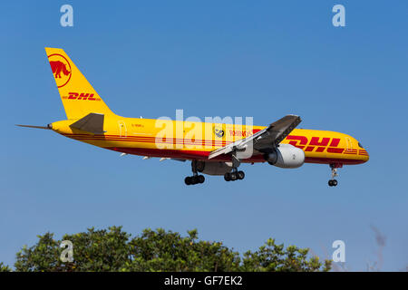 DHL Boeing 757-236(SF) [G-BMRJ] carrying special markings: Protecting Rhinos Eliska's Return to Africa (a black rhino born in Cz Stock Photo