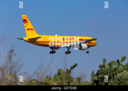 DHL Boeing 757-236(SF) [G-BMRJ] carrying special markings: Protecting Rhinos Eliska's Return to Africa (a black rhino born in Cz Stock Photo