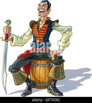 Vector cartoon clip art illustration of an Arabian sailor or pirate sitting on a barrel while laughing and holding a sword. Stock Vector