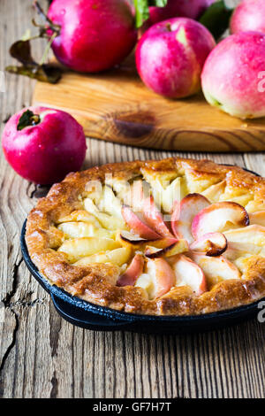 Homemade apple pie cooked in a frying pan and ripe apples on rustic wooden table Stock Photo