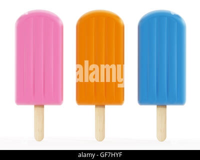 Pink, orange and blue ice creams on wooden stick. 3D illustration. Stock Photo