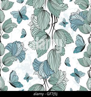 Vintage Background With Seamless Floral Ornament And Butterflies Stock Vector
