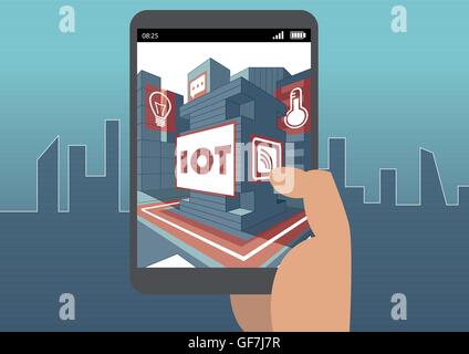 IOT and augmented reality concept with hand holding smart phone Stock Vector