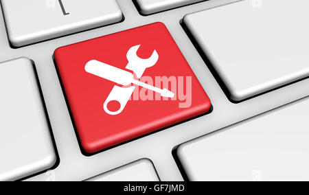 Computer repair service concept with work tools icons and symbol on a computer keyboard 3D illustration. Stock Photo