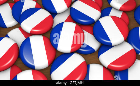 French flag on badges background for France national day events, holiday and celebration 3D illustration. Stock Photo